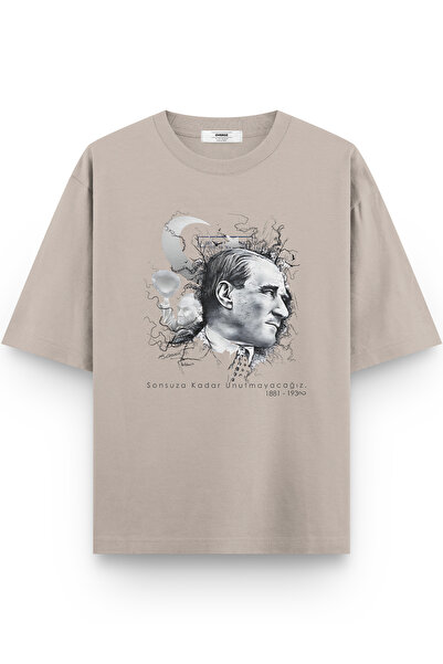 Overoz Ataturk Printed Half Oversized Stone Color T-Shirt 1236