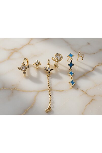 ahsenaksesuar2025 Gold Color Zircon Stone Dangle Chain, Hoop and Single Star ...