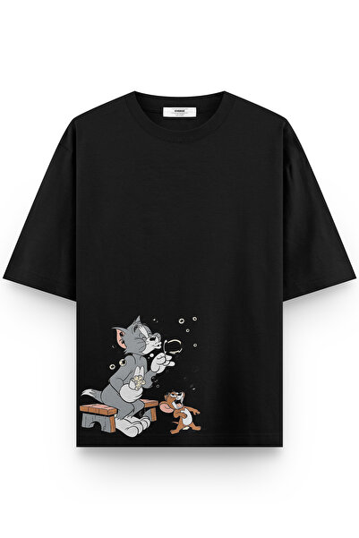 Overoz تيشيرت كات مطبوع أسود نصف كبير الحجم 1379