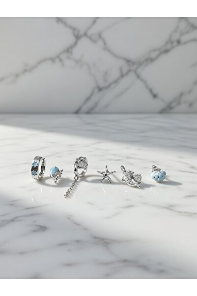 ahsenaksesuar2025 Gümüş Renk Deniz Temalı Mavi Taşlı Deniz Yıldızı Kabuk Sall...