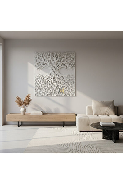 Mondesin Kanvas Tablo Salon Hayat Ağacı Kare Alçı Doku Efektli Bohem Kanvas T...