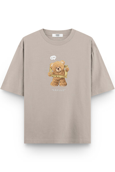 Overoz Teddy Bear I'M Famous Printed Half Oversized Stone Color T-Shirt 1140