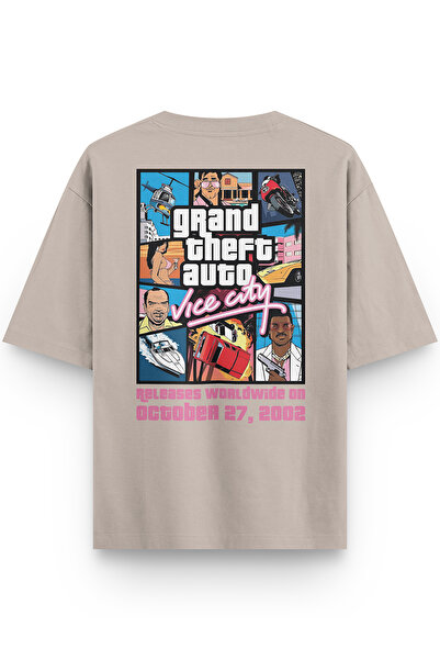Overoz Gta Vice City Sırt Printed Semi Oversized Stone Color T-Shirt 1314