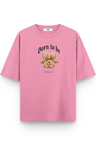 Overoz Teddy Bear Born to Be Different Printed Half Oversized Pink T-Shirt 1095