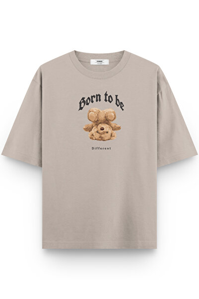 Overoz Teddy Bear Born to Be Different Printed Half Oversized Stone Color T-S...