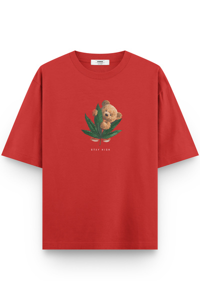 Overoz تي شيرت تيدي بير ستاي هاي مطبوع نصف أوفر سايز باللون الأحمر 1069