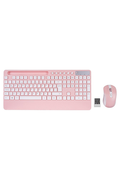 Go İthalat Kablosuz Klavye Mouse Seti Pembe Beyaz Q Tablet Telefon Standlı Of...