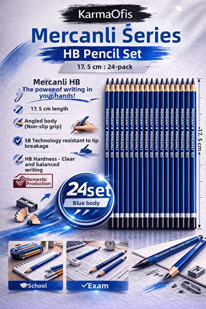 KarmaOfis Mercanli Hb Pencil Blue Single Color 24 Pieces, Cornered Body, 17.5 cm
