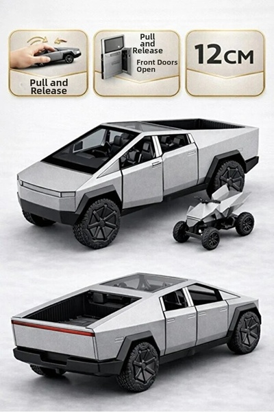 JOYFUL CHİLD Tesla Cyber Truck 1:32 Scale Metal Pull and Drop 12 cm Toy Car Gray