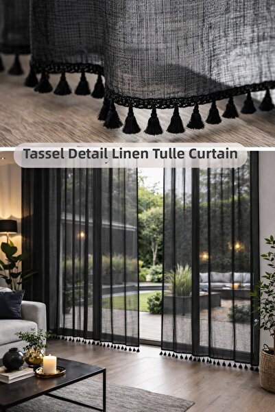 perde plus Tasseled Linen Tulle Curtain Black – Cornice Compatible & Rustic R...