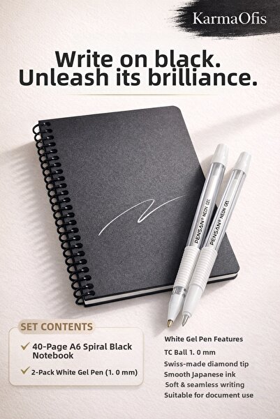KarmaOfis Black Page A6 Notebook + Set of 2 White Gel Pens |   Premium Writin...
