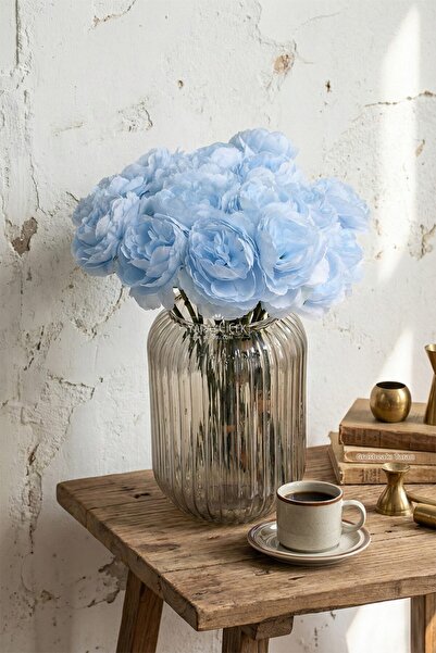 Yapay Çiçek Deposu Artificial Flower 7-Piece Tea Rose Bunch 30 cm Light Blue