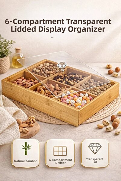 Berdina Home 6 Compartment Bamboo Snack Bowl with Transparent Crystal Lid, Tu...