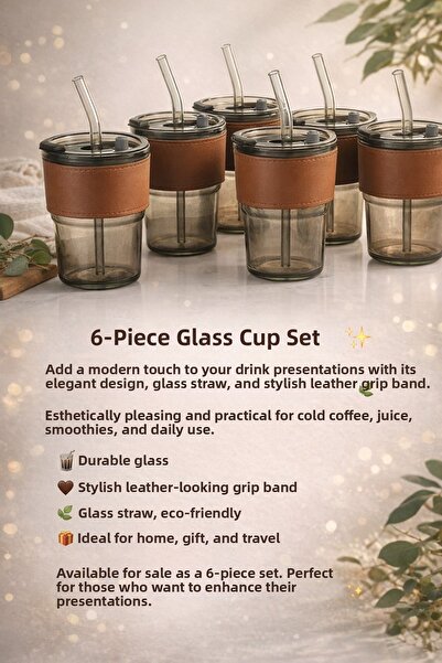 Store Leather-Covered Glass Cup with Straw 6 Pieces