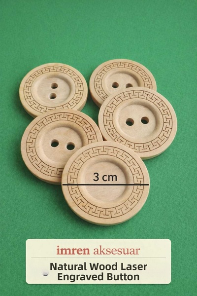İMREN AKSESUAR زر خشبي طبيعي مخطط بالليزر 3 سم 1 عبوة 5 قطع