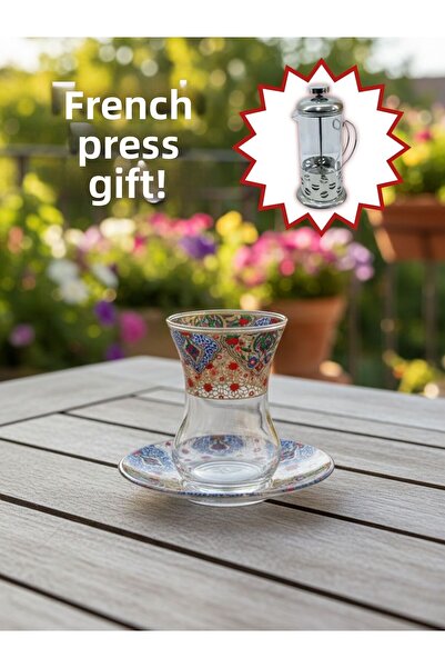 AiroBazar Topkapı Tea Set for 6 Persons, French Press Gift, 9 Different Ottom...