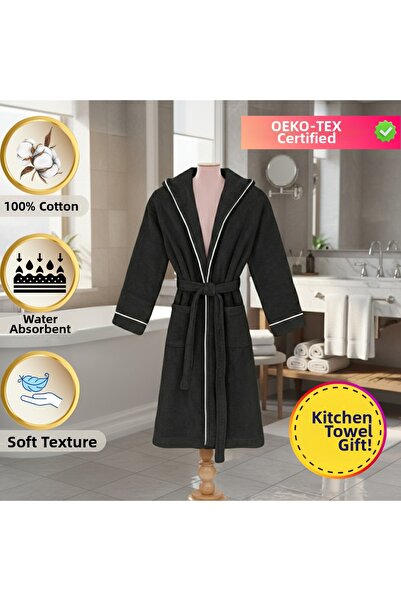 Layvera روب حمام أنثراسيت للرجال والنساء |   100% قطن - بغطاء رأس - حواف أسطو...