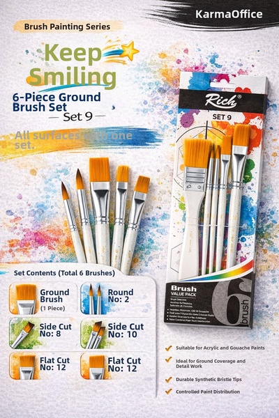 KarmaOfis 6-Piece Floor Brush Set Set 9 – Professional Hobby Set with Acrylic...