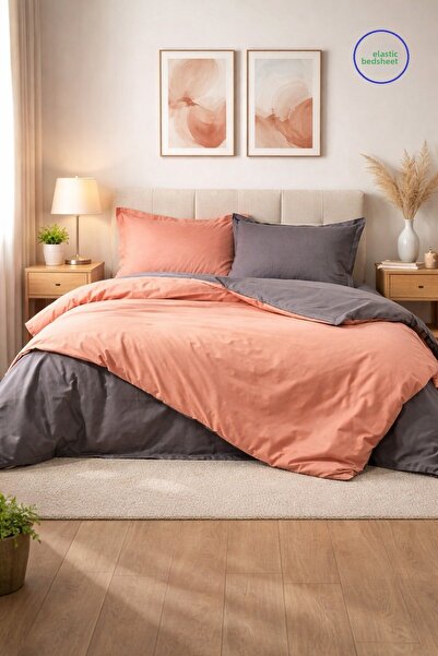 Özdilek Bed Sheet I Elastic Double Duvet Cover Set - Terra Anthracite- 100% C...