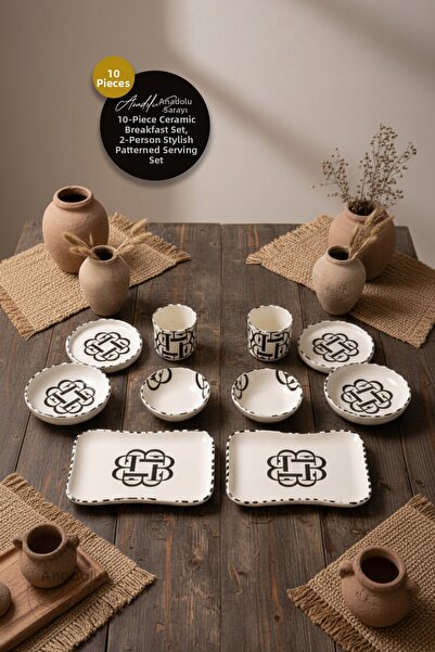 Anadolu Saray 10 Piece Bohemian Modern Ceramic Breakfast Set for 2 People Sty...