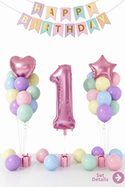 Bunloon Makaron 1 Year Old Birthday Balloon Set Happy Birthday Party Decorations
