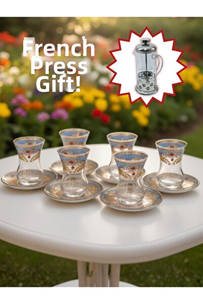 AiroBazar Topkapı Tea Set for 6 Persons, French Press Gift, 9 Different Ottom...