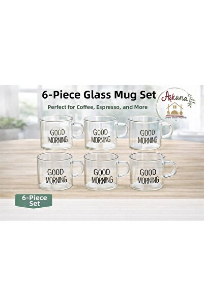 Tiran Set of 6, 120 ml Glass Cups with Handles, with Good Morning Written, St...