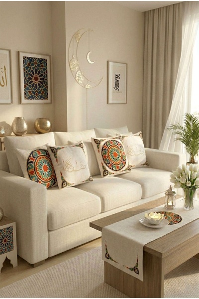 Cango Home Blue Red Motif Ramadan Themed Set of 4 Cushion Cover 1 Table Runne...