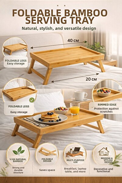 Single Bamboo Folding Serving Tray 40×20 cm Foldable Stand Design