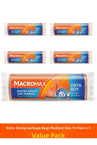 MACRO MAX Extra strong garbage bag medium size - 15 pack x5