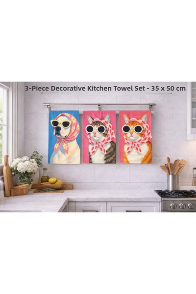 Piloji Set of 3 Decorative Kitchen Towels 35X50 cm – Cat and Dog Patterned – ...