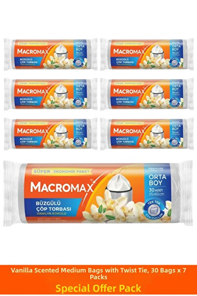MACROMAX أكياس قمامة معطرة برائحة الفانيليا، حجم متوسط، 7 عبوات (30 قطعة) أكي...