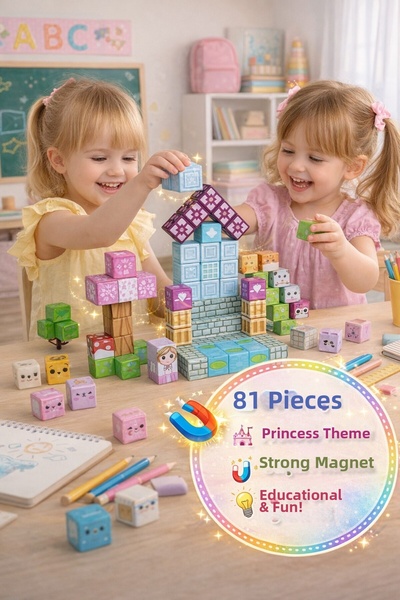 TOYFEST مكعب مغناطيسي للبناء 81 قطعة بتصميم حكايات الأميرات |   مكعبات بناء ت...