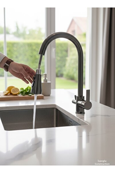 İSAOĞLU YAPI Anthracite Kitchen Faucet with Spiral, Purified Water, and Press...