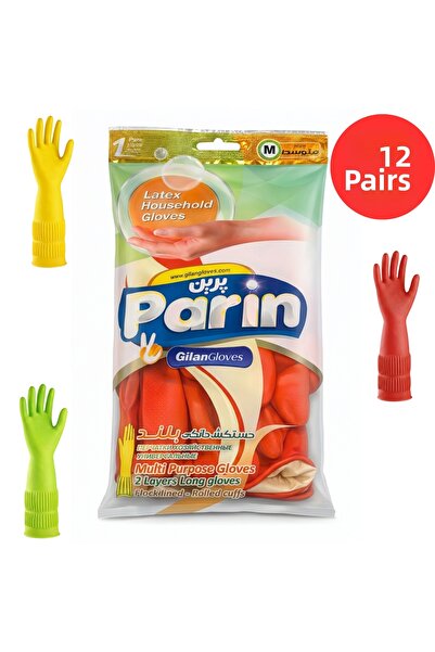 parın Long Cuff Latex Dishwashing and Cleaning Gloves, Medium, 12 Pairs