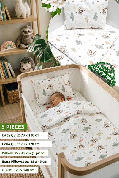 Yada Baby حديقة أطفال قطن 100% مكونة من 5 قطع - طقم لحاف وغطاء لحاف (70x120 سم)
