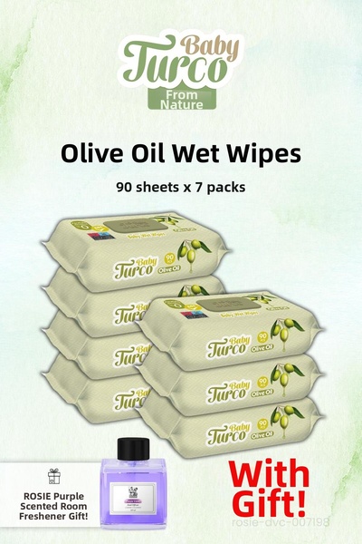 Baby Turco 7 Pack Olive Oil Wet Towels 90's and Rosie Fragrance Gift