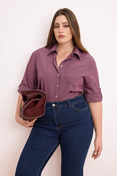 Trendyol Curve Burgundy-Multicolor Plaid / Checked Wide Cuff Sleeve Foldable ...