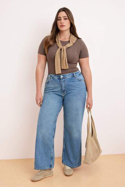 Trendyol Curve Blue High Elastic Waist Wide Leg Wide Leg 100% Cotton Non-Stre...