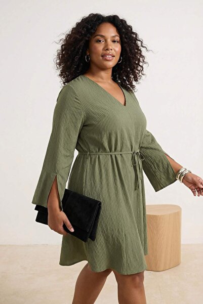 Trendyol Curve Khaki Striped Lace-Up V-Neck Mini Woven Plus Size Dress Tbbss2...
