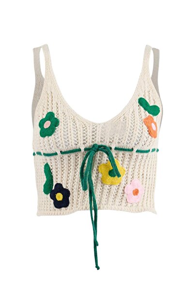 Trendyol Collection Ecru Openwork Knitwear with Appliqué 100% Cotton Cropped ...