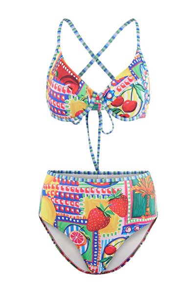 Trendyol Collection Σετ μπικίνι με σχέδιο φρούτων και κάλυψη μπαλκονέτας, ψηλ...