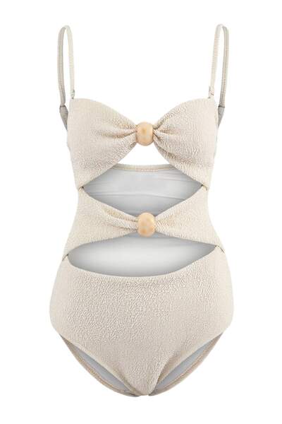 Trendyol Collection Εκρού Υφασμάτινο Στράπλες Μαγιό με Κομψή Λεπτομέρεια και ...