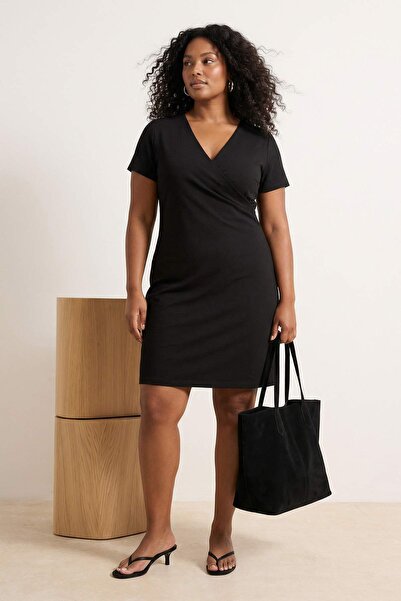 Trendyol Curve Black Double Breasted Collar A-Line Crepe Mini Smart Knitted P...