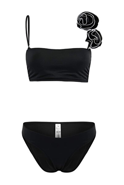 Trendyol Collection Μαύρο Σετ Μπικίνι με Στράπλες και Απλικέ, Κανονική Μέση, ...