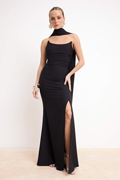 Trendyol Collection Schwarzes gewebtes Maxi-Abendkleid mit Schal und Abschlus...