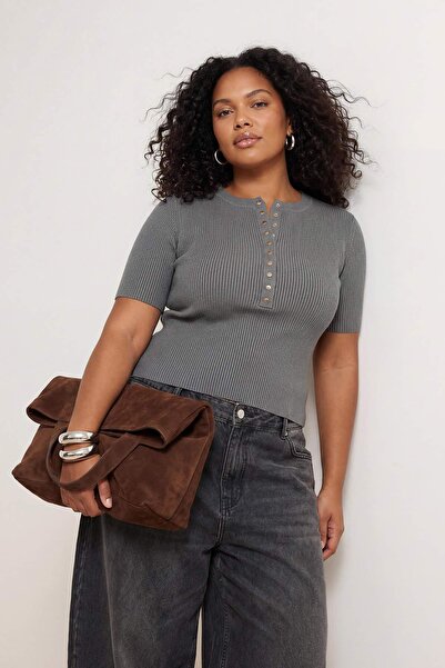 Trendyol Curve Gray Snap Detailed Corded Fabric Knitwear Blouse Tbbss26Af00018