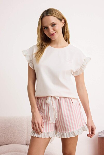 Trendyol Collection Set de pijamale tricotate moale din Lycra, cu dungi pudra...