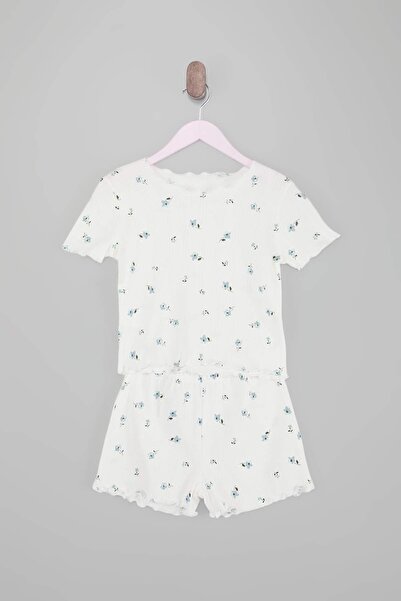 TRENDYOLKIDS Set de pijamale pentru fete cu volane, ecru, din material subțir...