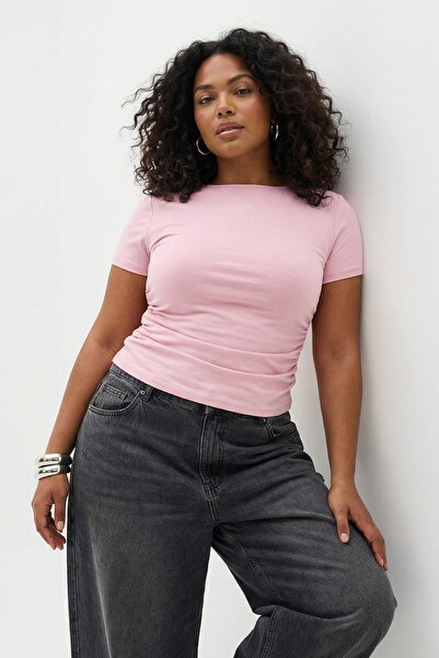 Trendyol Curve Light Pink Viscose Ribbed Side Gathered Knitted Plus Size Blou...